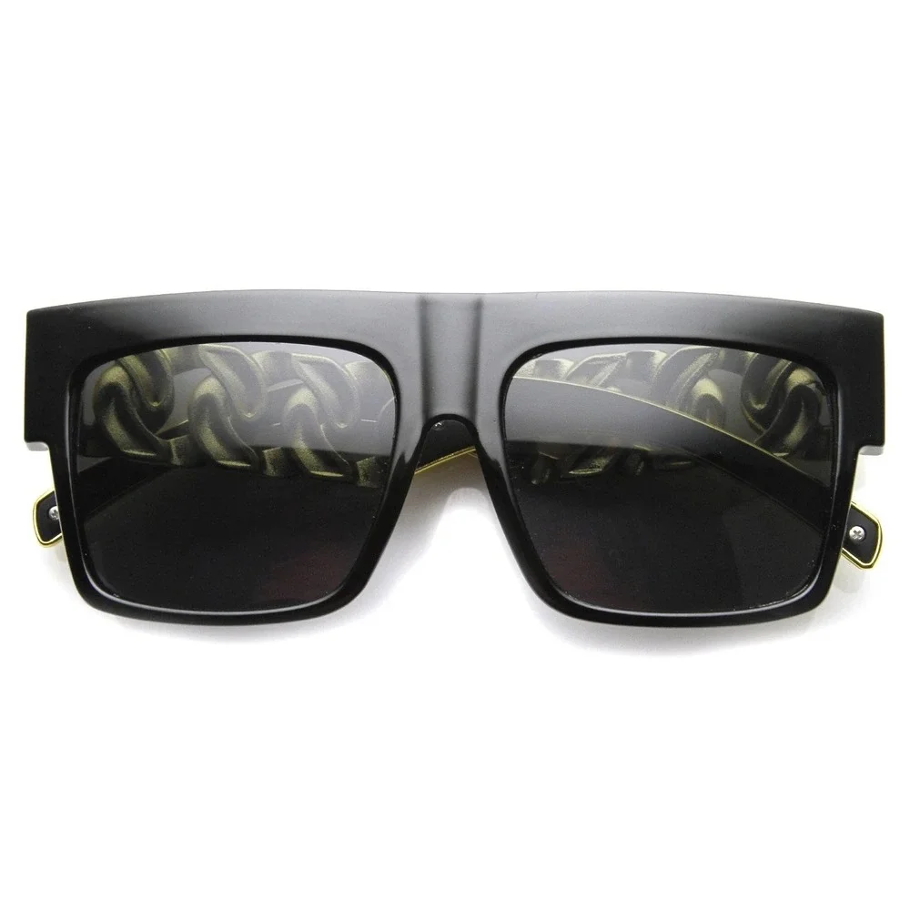 Flat Top Sunglasses Men Gold Hip Hop 80s 90s Style Cholo Dark Black UV400 Lentes